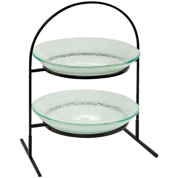 A Rosseto Kalderon Round Display Stand with two white glass bowls on a metal stand.