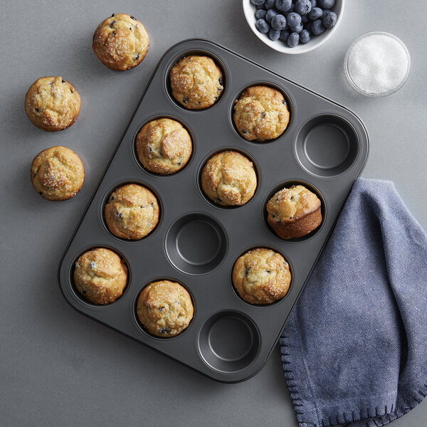 12 Cup 3.5 oz. Non-Stick Carbon Steel Muffin / Cupcake Pan - 10 3/4" x 14"