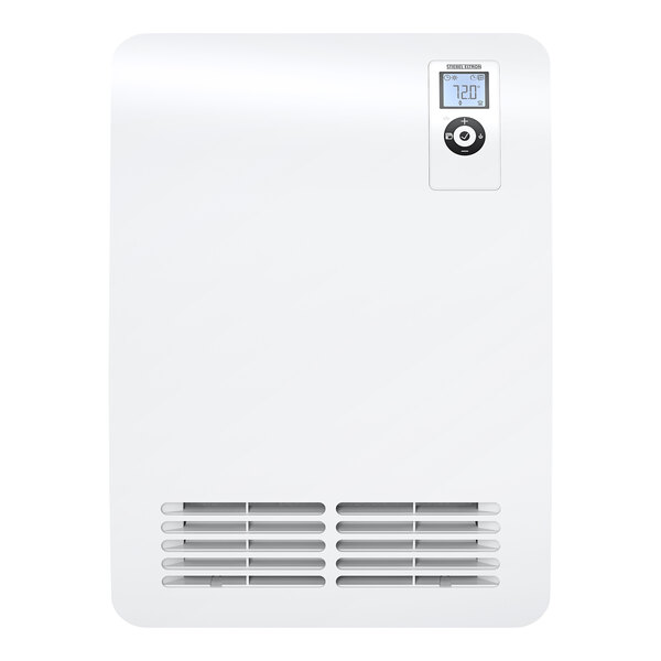 A white rectangular Stiebel Eltron electric fan heater with a digital display and a black circle button.