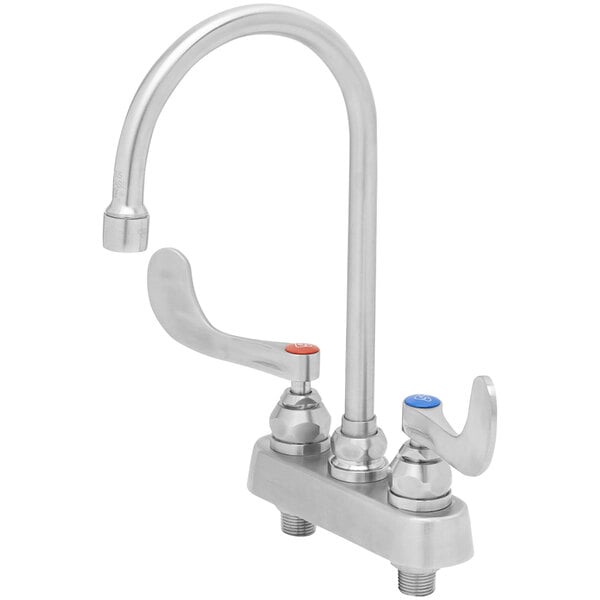 A stainless steel Eversteel deck-mount workboard faucet with wrist action handles.