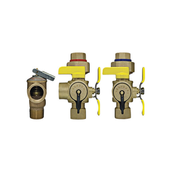 A Stiebel Eltron pressure release valve kit with brass valves, some with yellow handles.