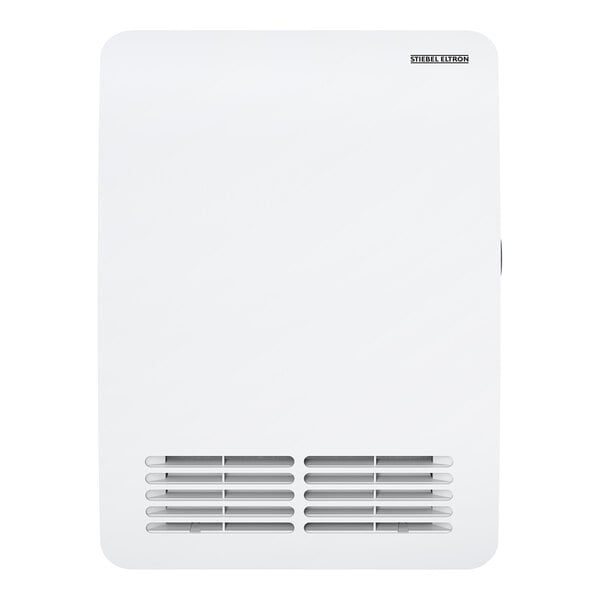 A white rectangular Stiebel Eltron electric fan heater with a vent.