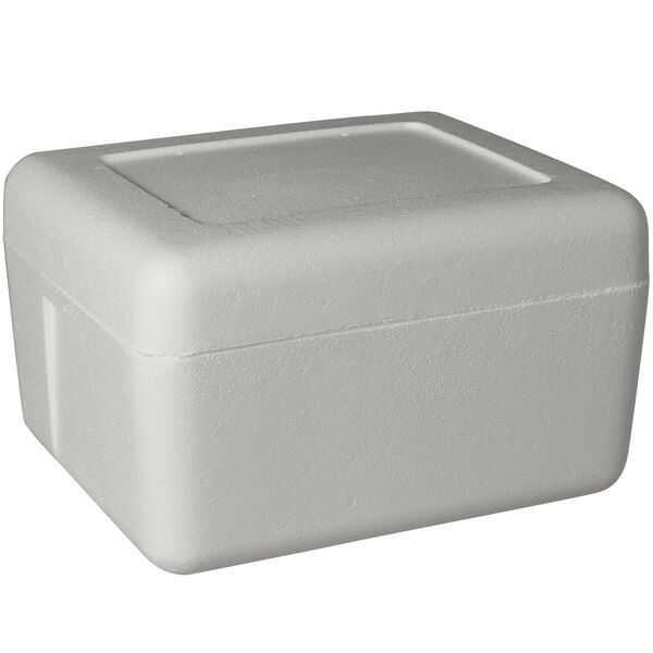 A white styrofoam cooler with a lid.