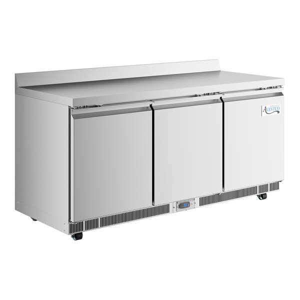 A white Avantco worktop refrigerator with three doors.