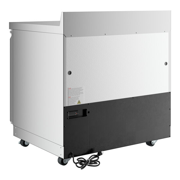A commercial worktop refrigerator with a 3 1/2 inch backsplash, front breathing design, and WiFi capability, shown on casters with a power cord.