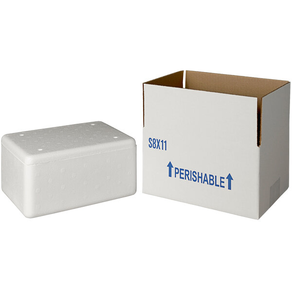 A white insulated shipping box with a white foam cooler inside.