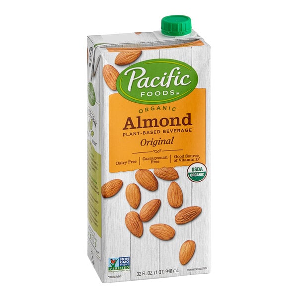 A case of 12 cartons of Pacific Organic Almond Milk on a white surface.