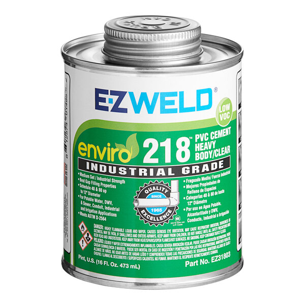 A white and green can of E-Z Weld Clear Heavy Body PVC Cement.
