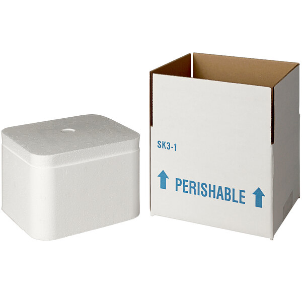 A white insulated shipping box with a foam cooler inside.