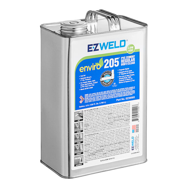 A silver can of E-Z Weld Clear Regular Body PVC Cement with a blue and white label.