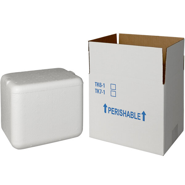 A white insulated foam box with a blue lid.