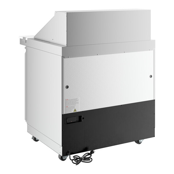 A 36-inch WiFi-enabled, front-breathing mega top refrigerated sandwich prep table with two doors and a white and black exterior.