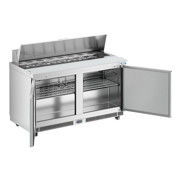A stainless steel 60-inch two-door refrigerated sandwich prep table with a cutting top and open storage compartments.