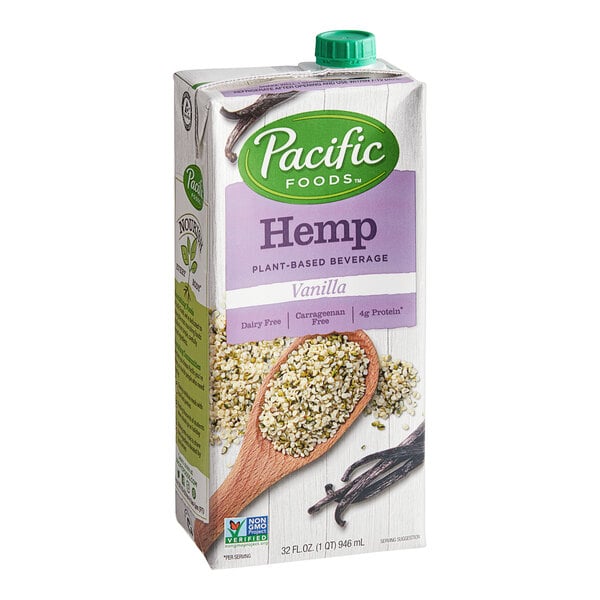 A carton of Pacific Foods Vanilla Hemp Milk with a label.