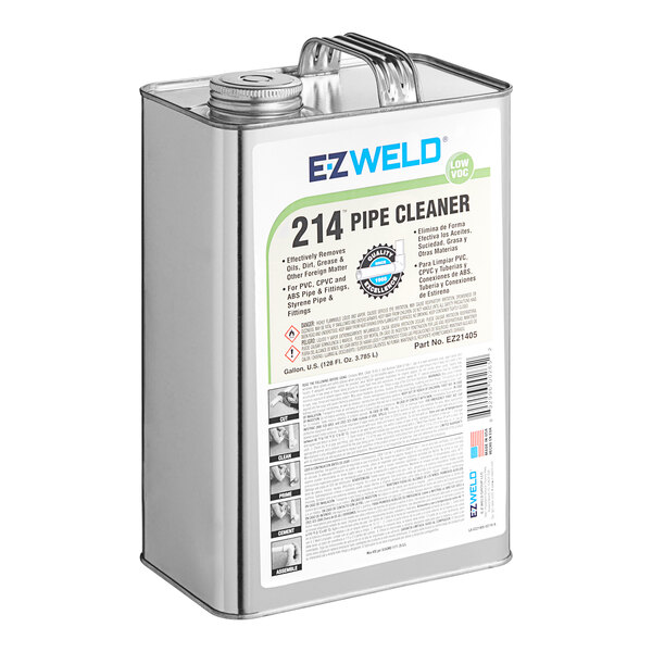 A white container of E-Z Weld 1 gallon clear pipe cleaner with a label.