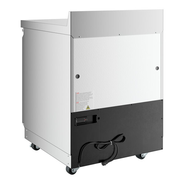 A commercial worktop freezer with a 3 1/2 inch backsplash, front breathing design, and WiFi capability, shown on casters.