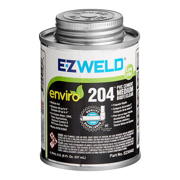 An 8 oz. can of E-Z Weld clear PVC cement with a cap.