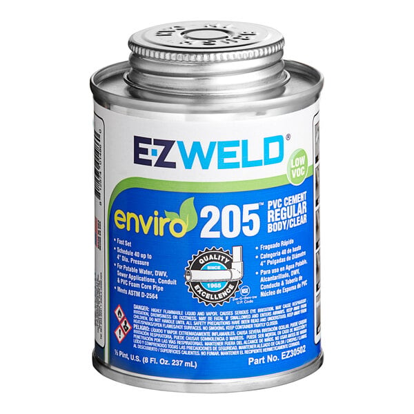 A white can of E-Z Weld clear PVC cement.