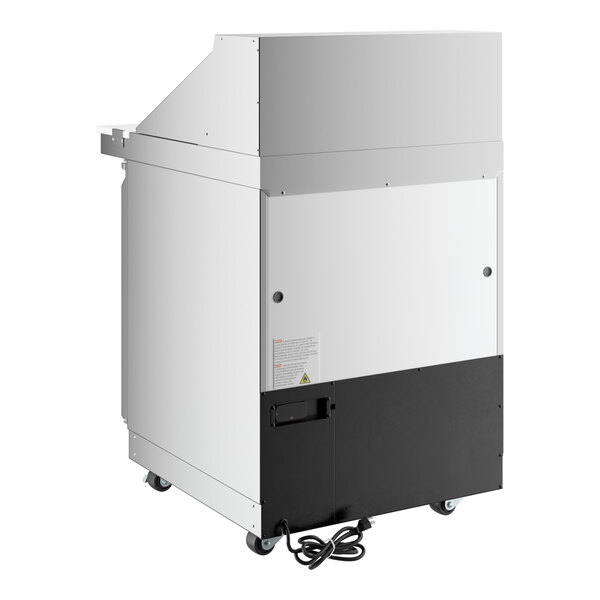 A stainless steel, WiFi-enabled refrigerated sandwich prep table with a single door and front-breathing design on casters.