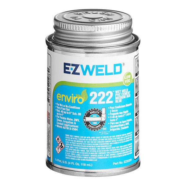 A silver can of E-Z Weld dark blue medium body wet PVC cement with a blue label.