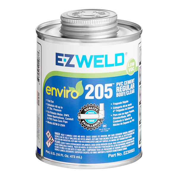 A white and blue can of E-Z Weld Clear PVC Cement.