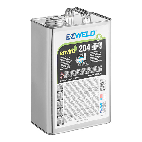 A silver can of E-Z Weld clear medium body PVC cement with a label.