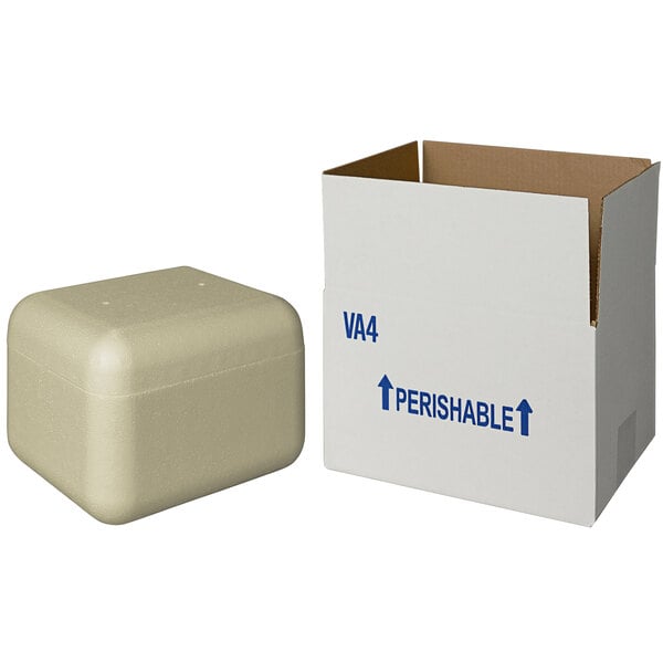 A white insulated shipping box with blue writing containing a white biodegradable cooler.