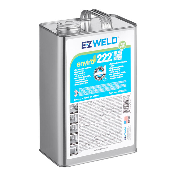 A silver container with a dark blue and white label for E-Z Weld Wet Weld PVC Cement.