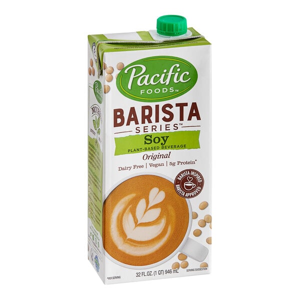 A case of 12 cartons of Pacific Foods Barista Series Soy Milk.