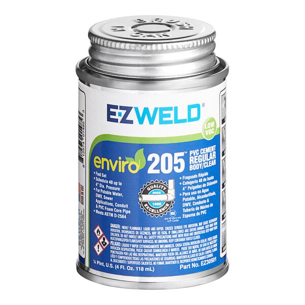 A silver can of E-Z Weld PVC Cement with a blue label and a lid.