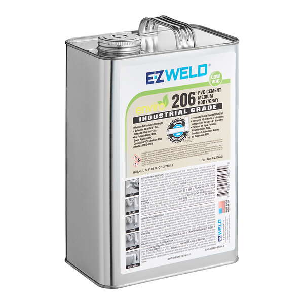 A white container of E-Z Weld Gray Medium Body PVC Cement with text and images.
