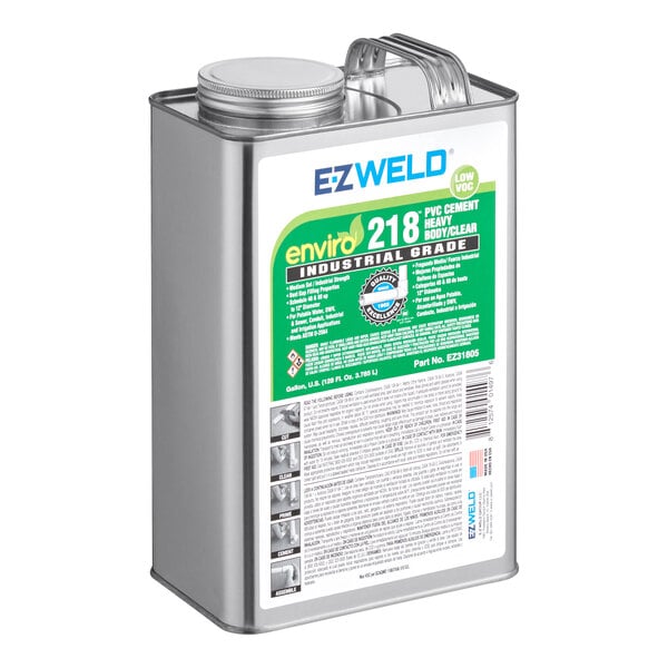 A grey container of E-Z Weld Clear Heavy Body PVC Cement with a green and white label.