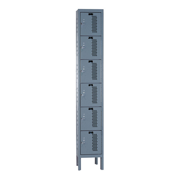 A tall grey Hallowell metal box locker with six compartments and ventilation.