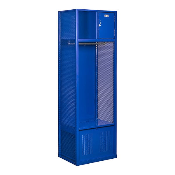 A blue Hallowell open-front metal locker with a security box.