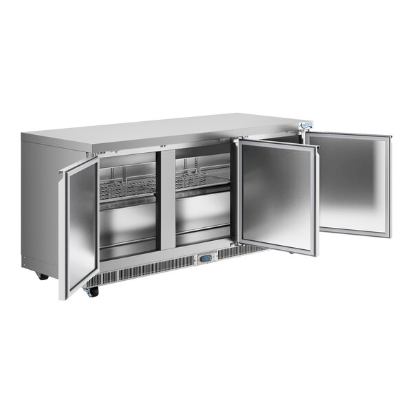A large stainless steel undercounter refrigerator with three open doors and interior shelving.