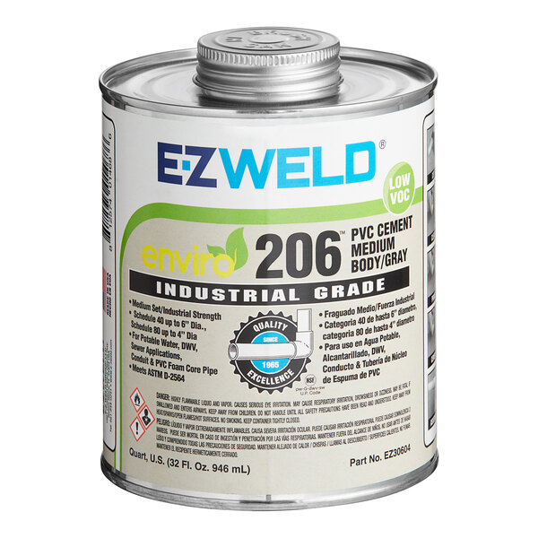 A 32 oz can of E-Z Weld gray medium body PVC cement with a label.