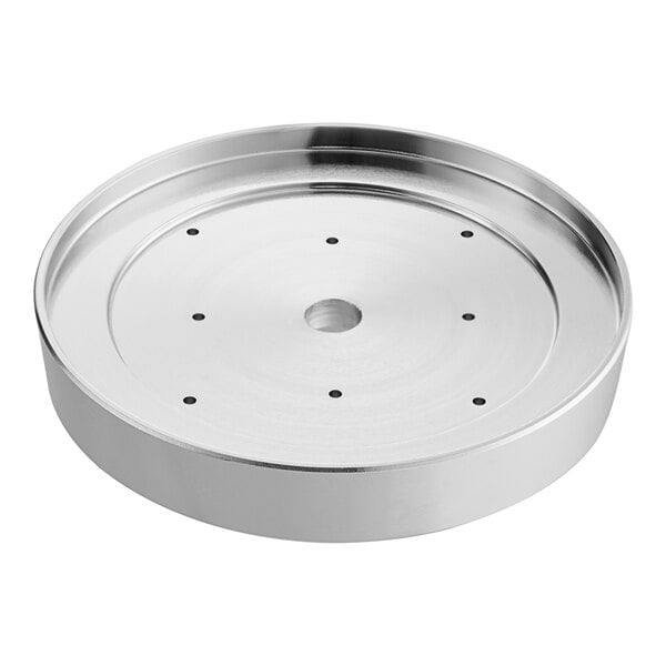 A round silver stainless steel plate with holes.