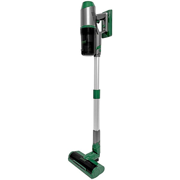 A green and silver Bissell Commercial cordless stick vacuum cleaner.