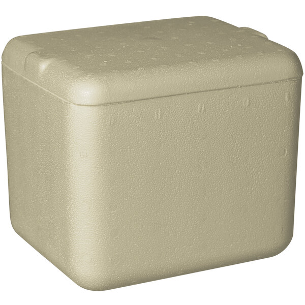An insulated beige cooler box with a lid.
