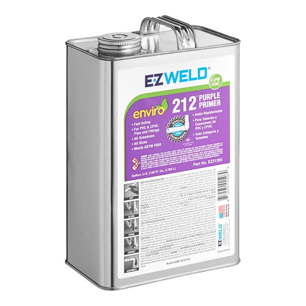 A white container with purple text reading "E-Z Weld EZ21205N 1 Gallon Purple PVC Primer"