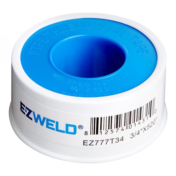 A blue and white E-Z Weld heavy-duty PTFE tape roll with a blue and white label.