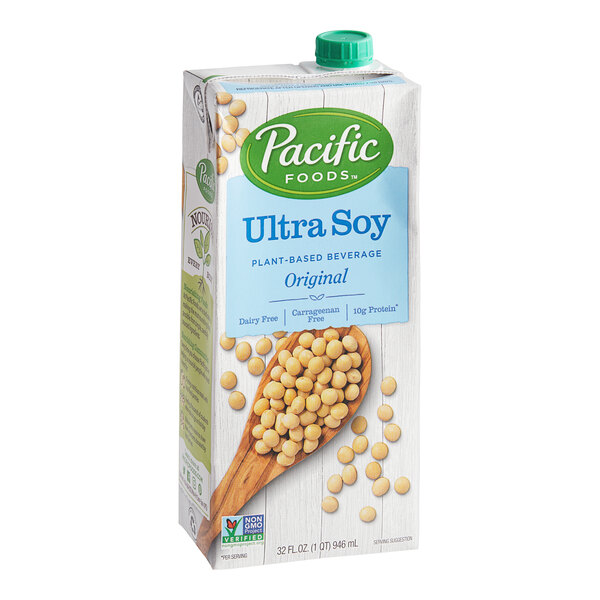 A case of 12 cartons of Pacific Foods Ultra Soy Milk.