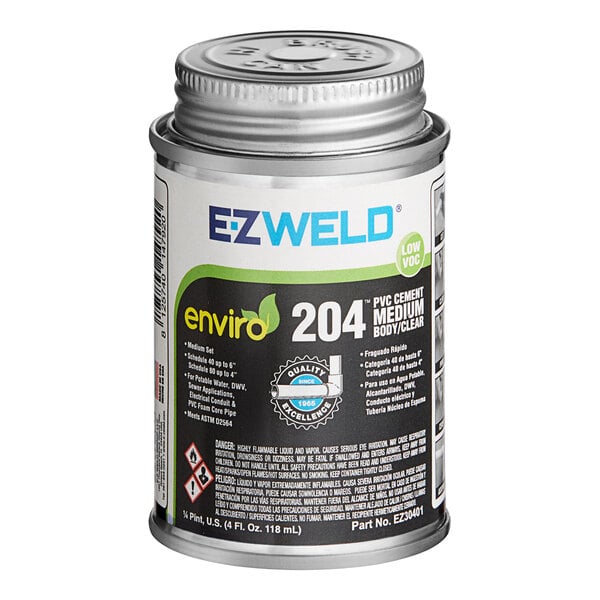 A silver can of E-Z Weld Clear PVC Cement with a black label.