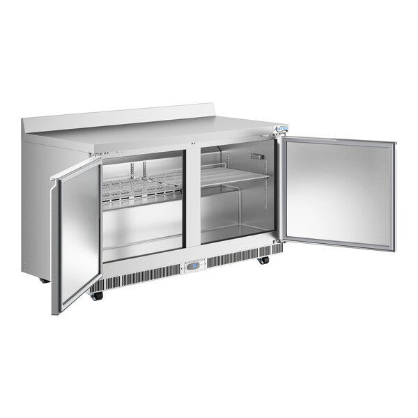 A stainless steel worktop refrigerator with two open doors and a 3 1/2 inch backsplash.