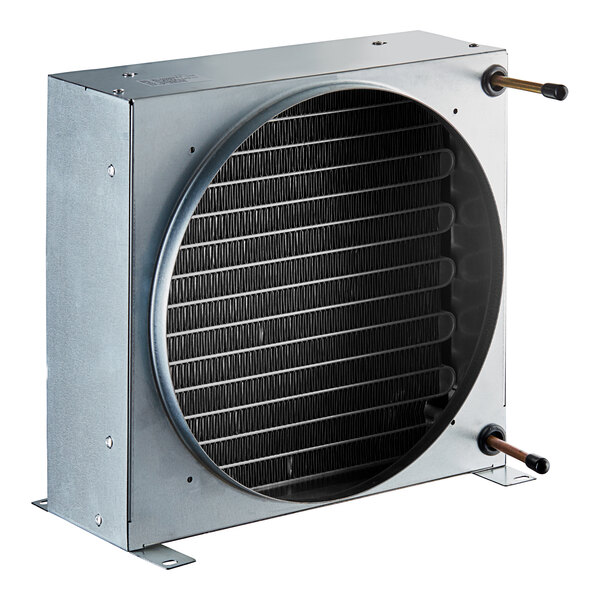 A Main Street Equipment condenser coil in a metal box with round vents.