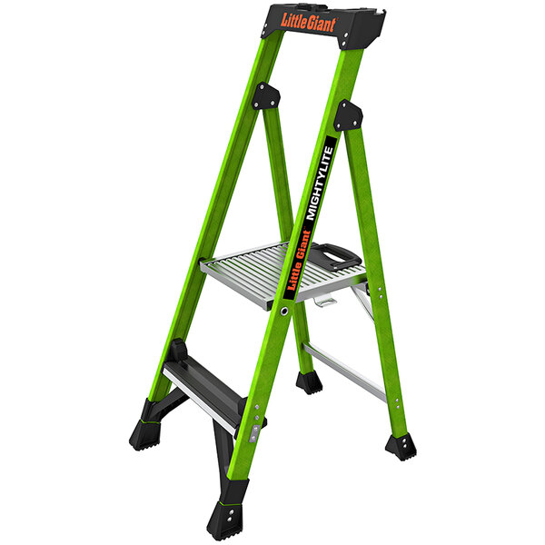 A green and black Little Giant fiberglass step ladder with a black handle.