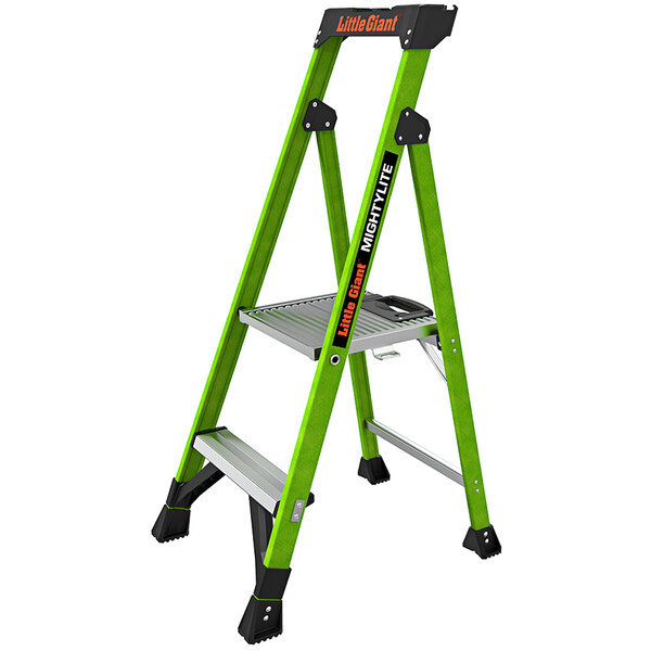A green ladder with a black handle.