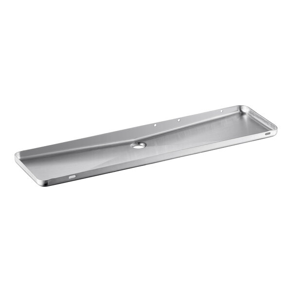 A stainless steel metal drain pan with holes and a handle.