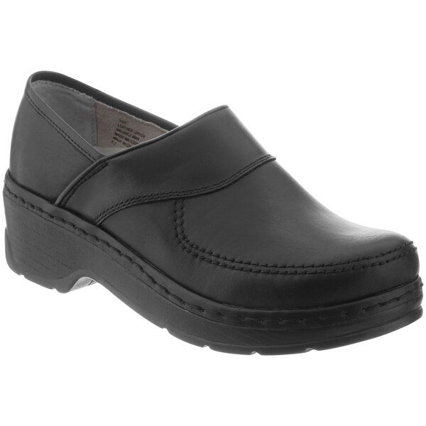 A pair of women's black leather Klogs clogs with a rubber sole.