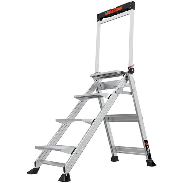 A Little Giant industrial aluminum step ladder with a black and white handle.